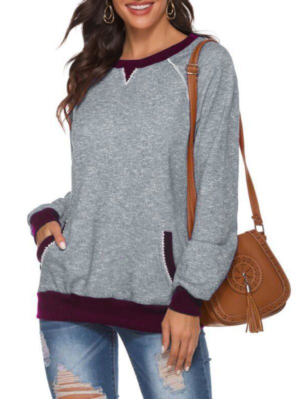 Crew Neck Picot French Terry Raglan Sleeve Sweater, Gray