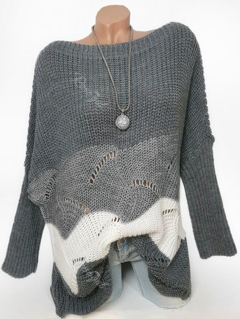 

Plus Size Colorblock Openwork Scalloped Hem Sweater, Gray