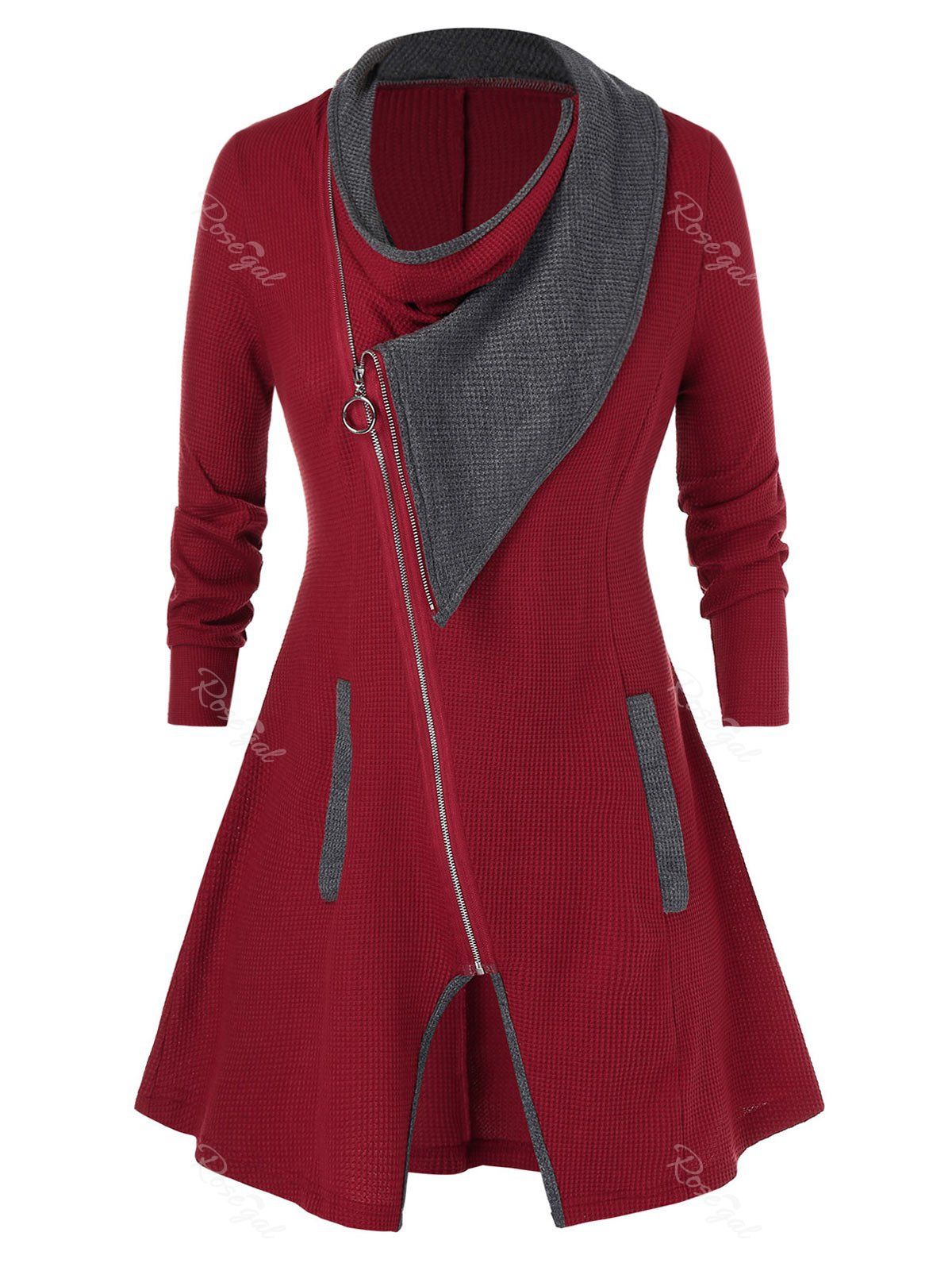 

Plus Size Full Zip Contrast Color Cardigan, Red wine
