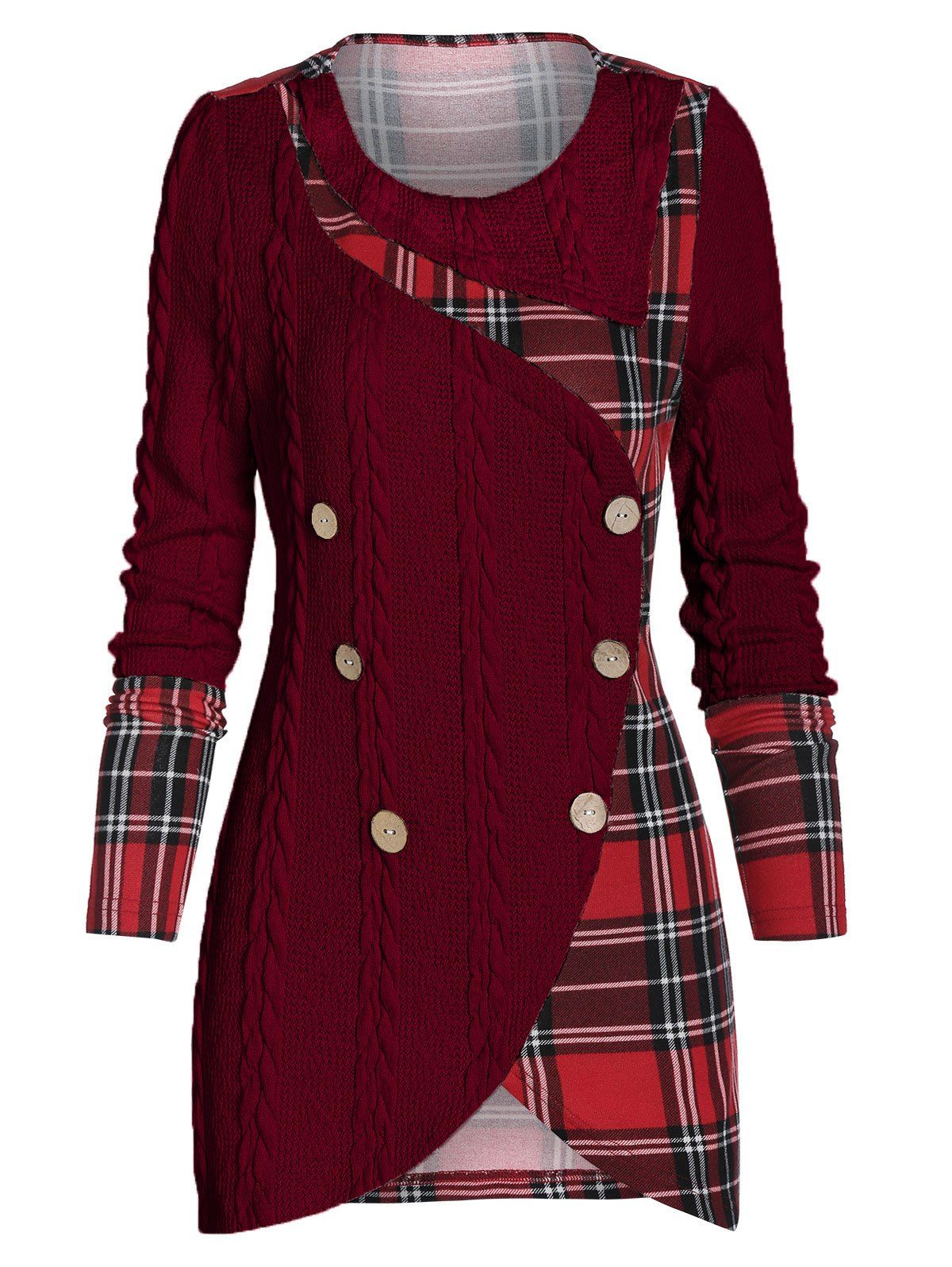 

Tartan Panel Mock Button Asymmetric Sweater, Red wine