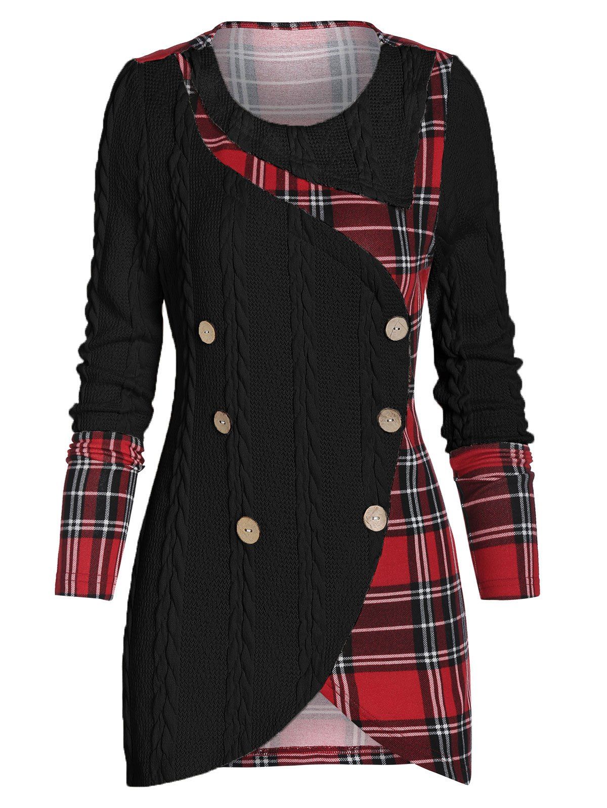 

Tartan Panel Mock Button Asymmetric Sweater, Black
