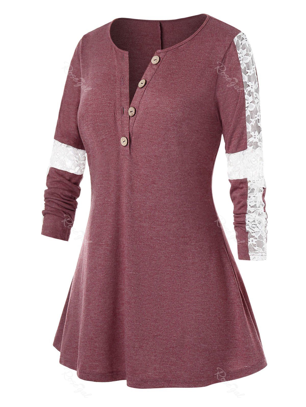 

Plus Size Button Lace Patchwork V Neck Top, Red wine
