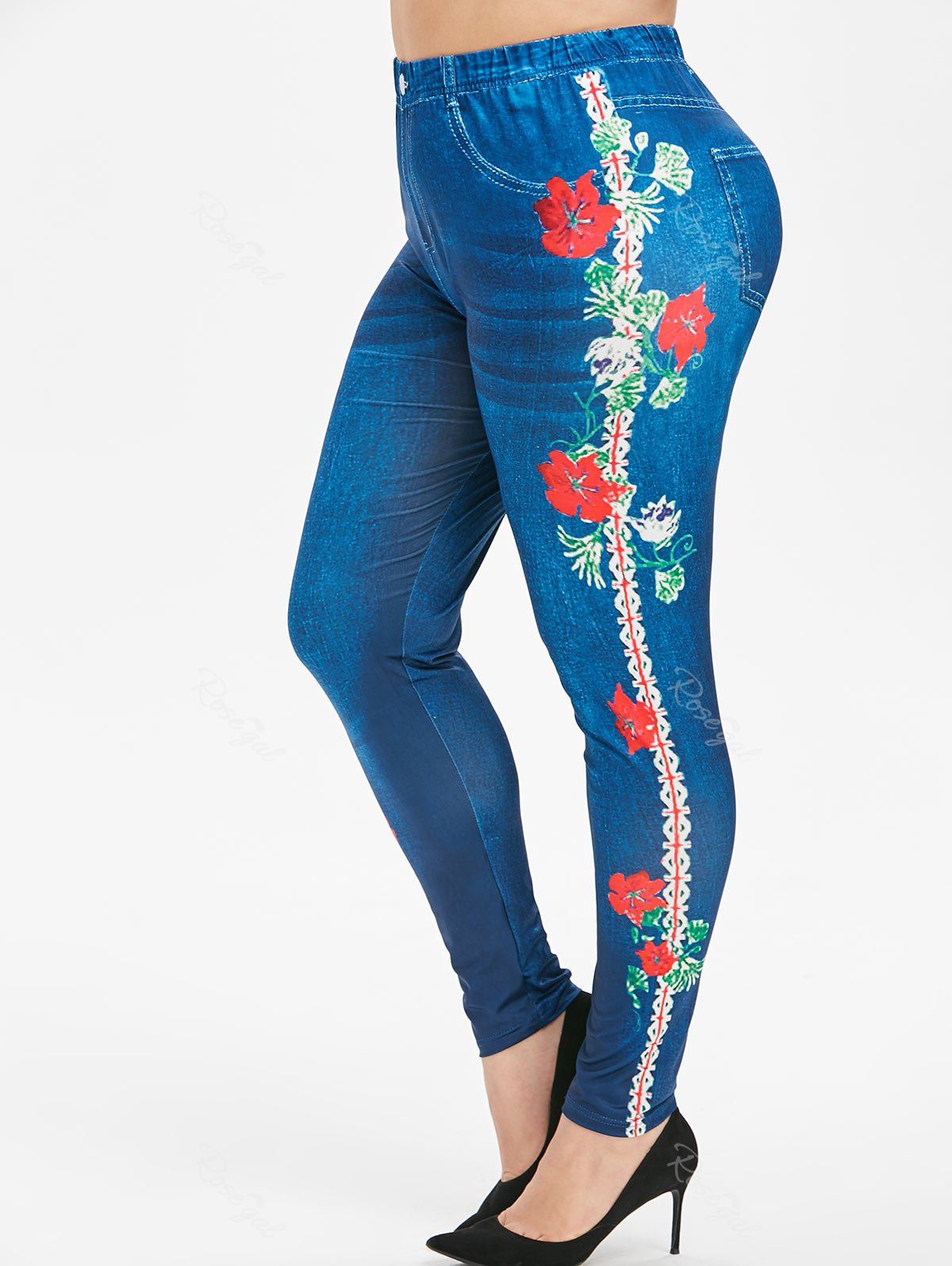 

Pull On 3D Floral Side High Waisted Plus Size Jeggings, Denim dark blue