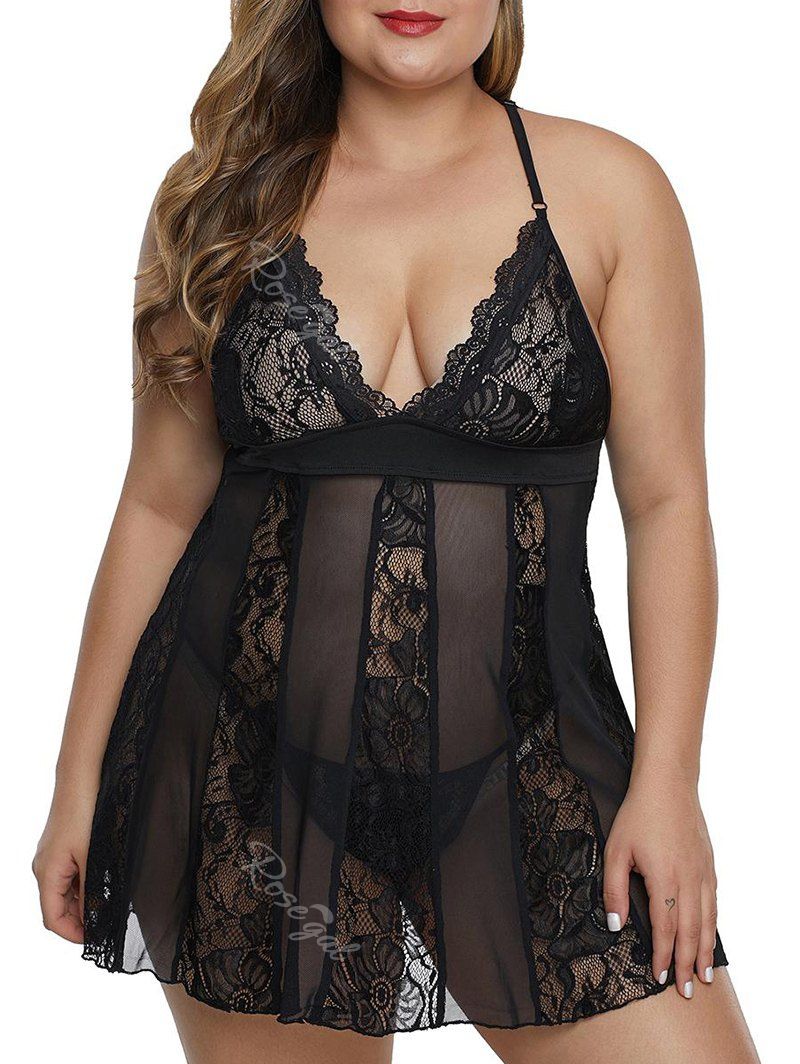 

T Back Lace Panel Sheer Mesh Plus Size Lingerie Babydoll, Black