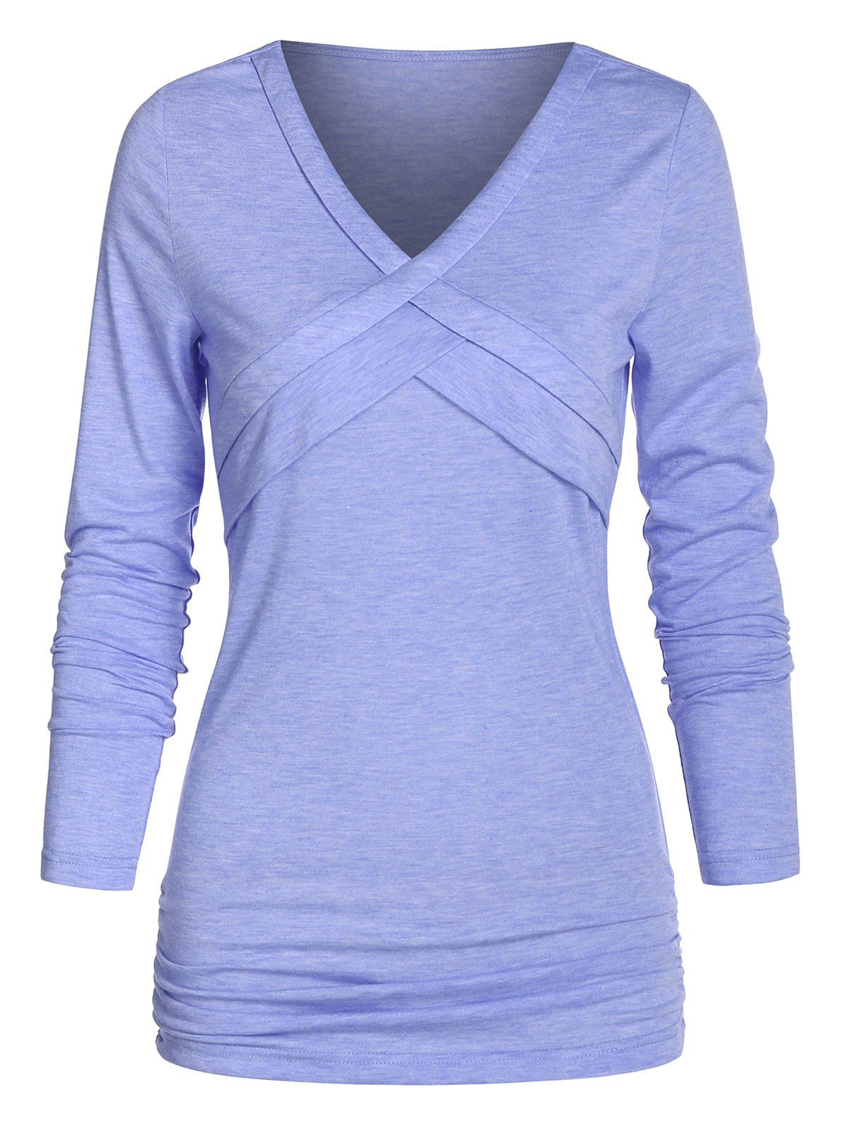 

Plain V Neck Front Crisscross T Shirt, Sky blue