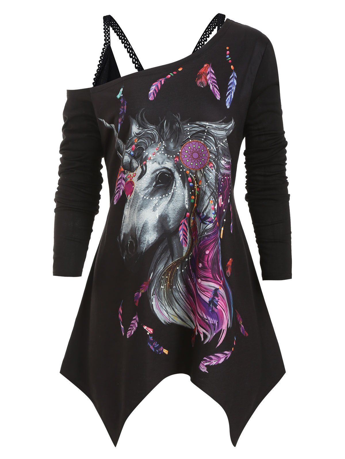 

Skew Neck Unicorn Feather Longline Top Set, Black