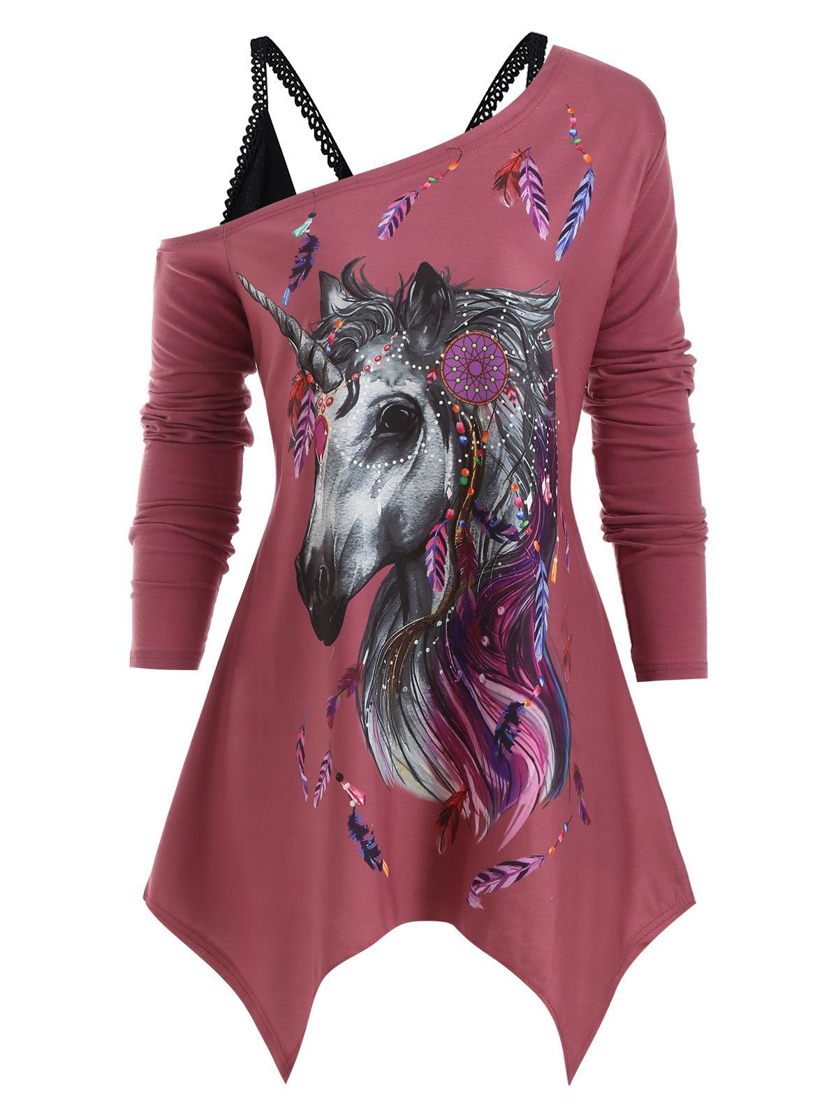 Skew Neck Unicorn Feather Longline Top Set, Rose