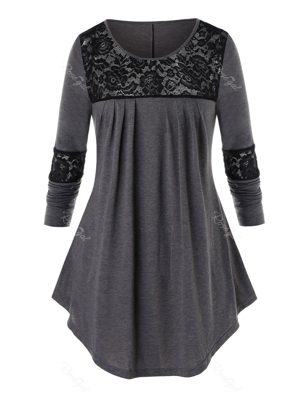 

Plus Size Floral Lace Panel Long Sleeve T-Shirt, Carbon gray