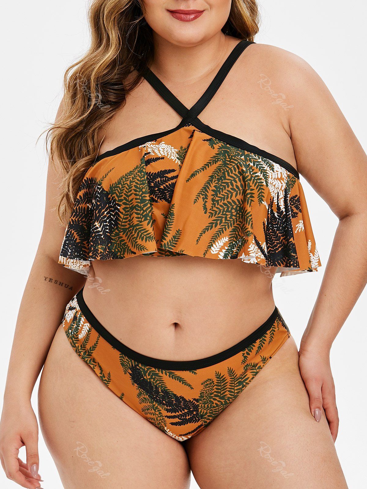 

Plus Size Flounce Leaf Print V Strap Bikini Swimsuit, Caramel