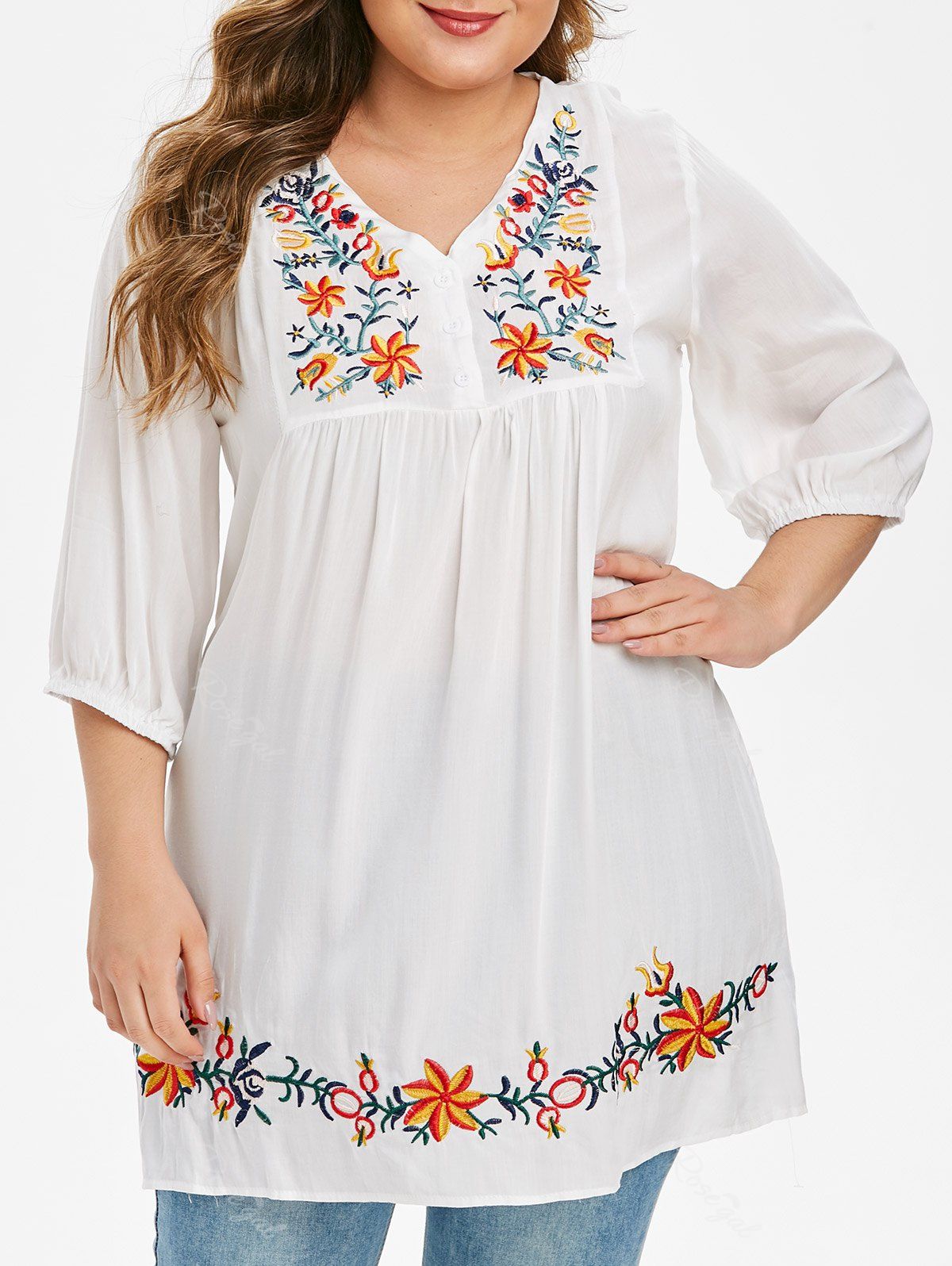 

Plus Size Flower Embroidered Placket Tunic Blouse, White