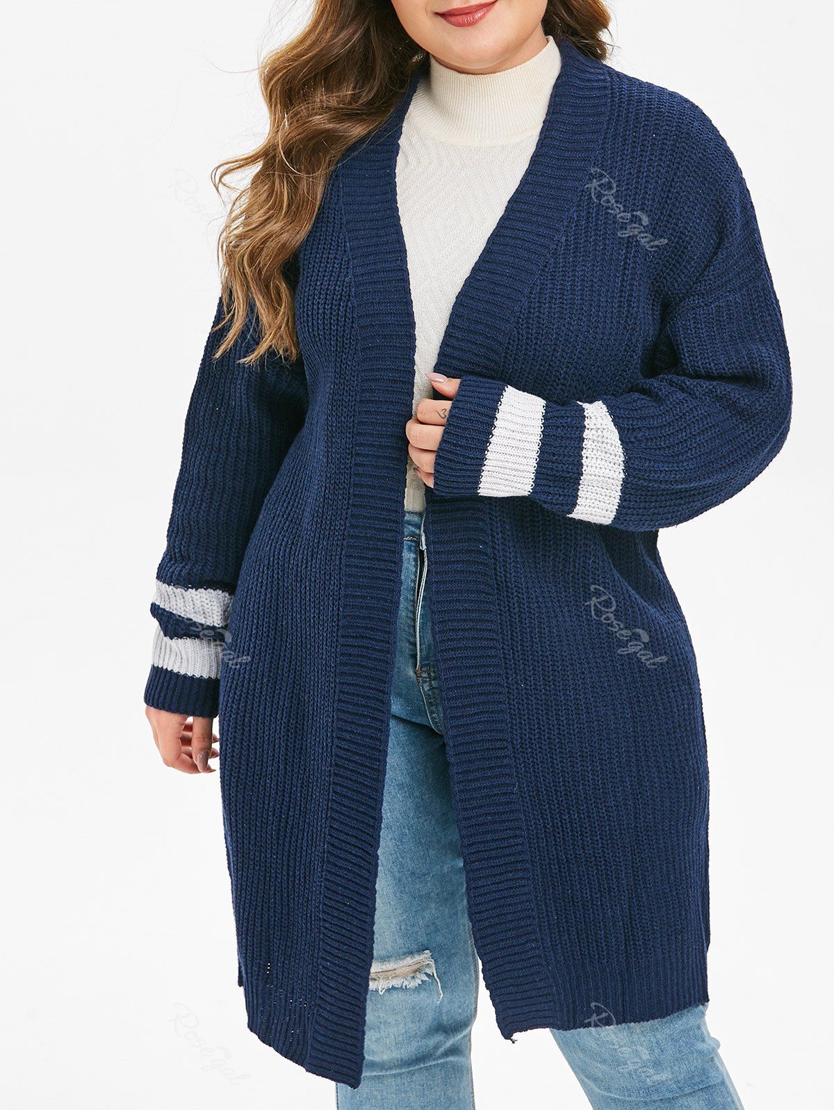 

Plus Size Striped Cuff Drop Shoulder Open Front Cardigan, Cadetblue