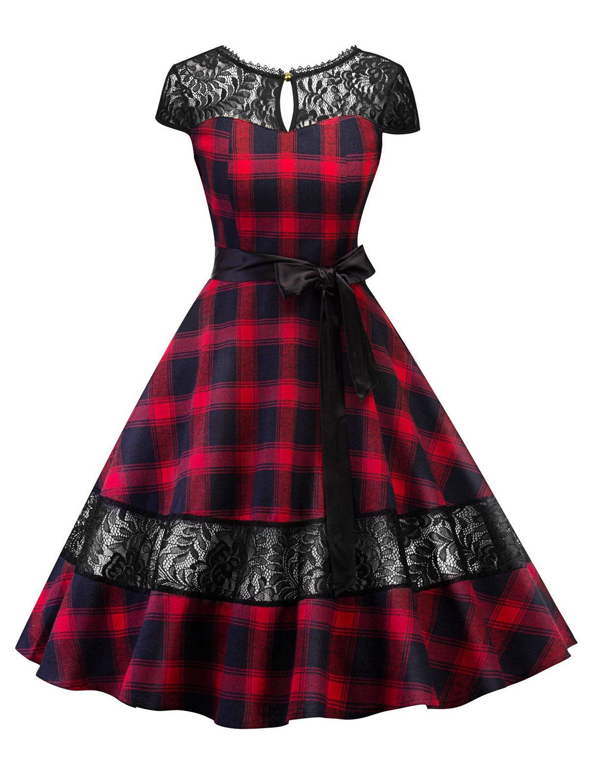 

Lace Panel Plaid Belted Cut Out Dress, Red wine