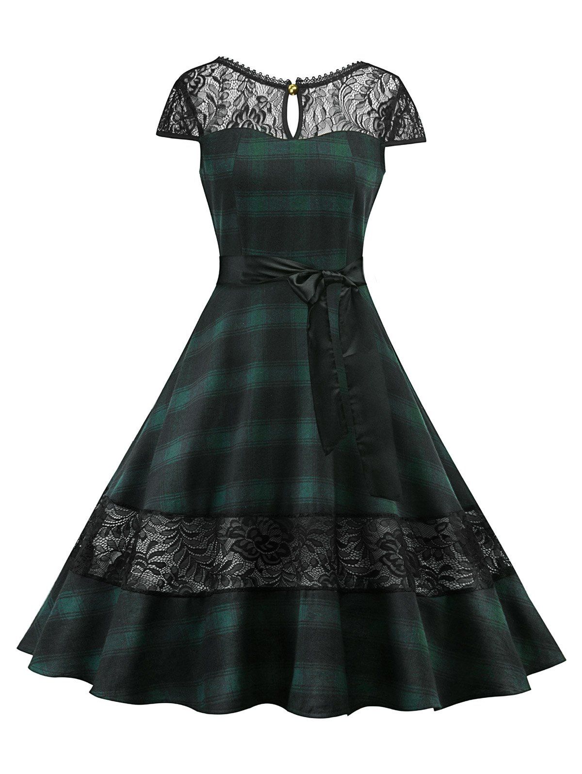 

Lace Panel Plaid Belted Cut Out Dress, Medium sea green