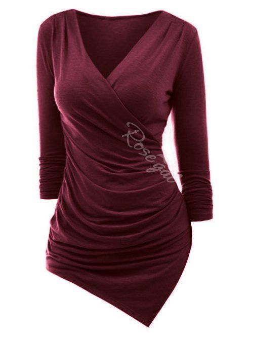 

Plus Size Asymmetrical Ruched Surplice T Shirt, Red wine