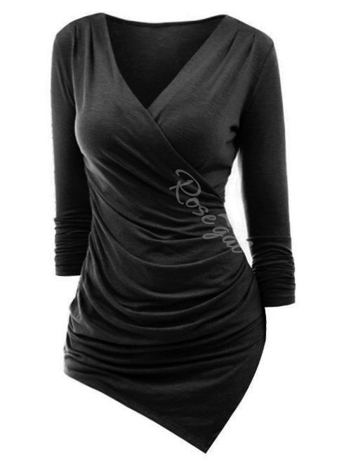

Plus Size Asymmetrical Ruched Surplice T Shirt, Black