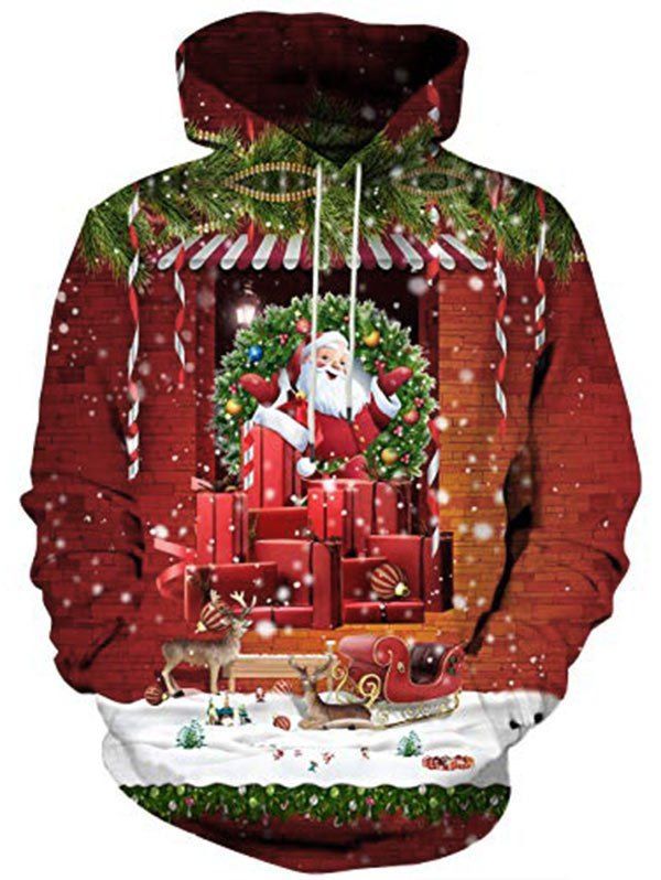 

Christmas Santa Graphic Front Pocket Drawstring Hoodie, Multi