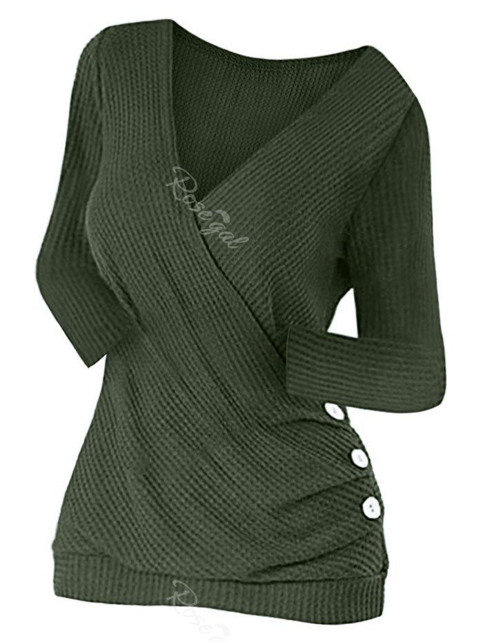 

Plus Size Buttons Surplice Knit Top, Green
