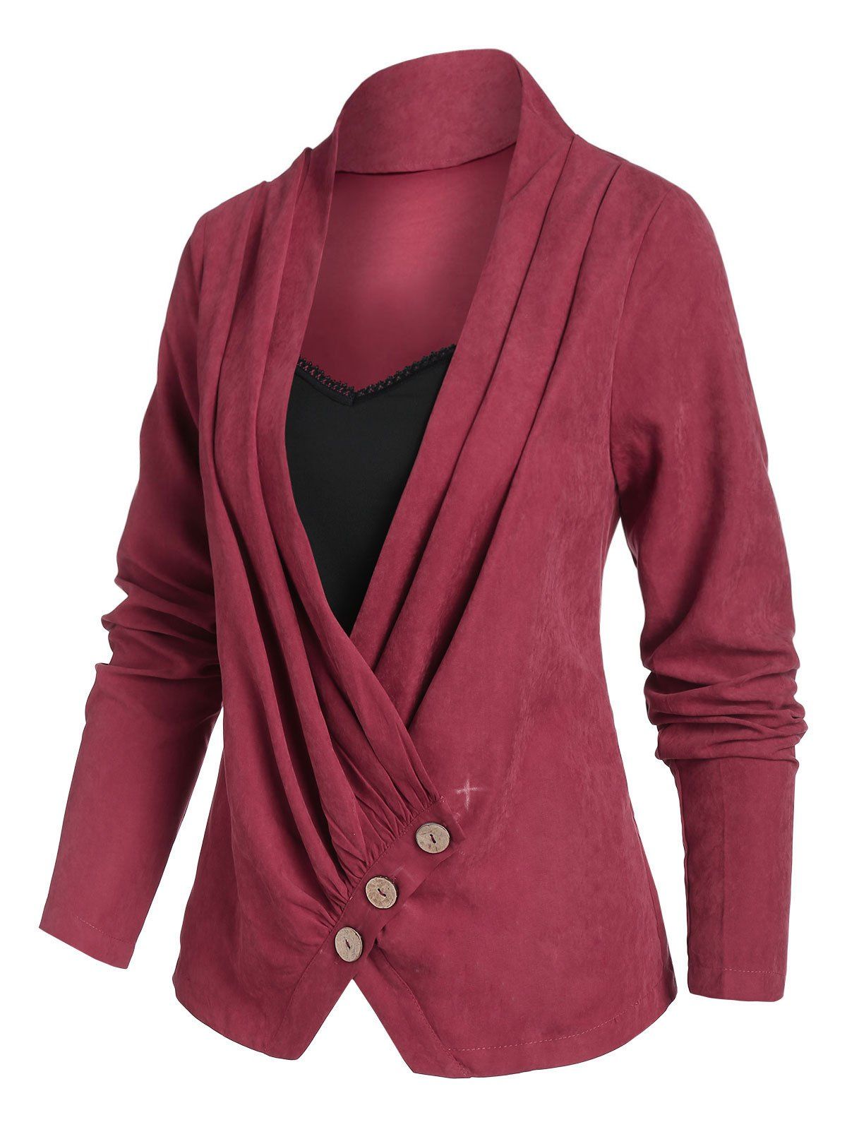 

Button Slit Pleated Contrast Faux Twinset T-shirt, Red wine