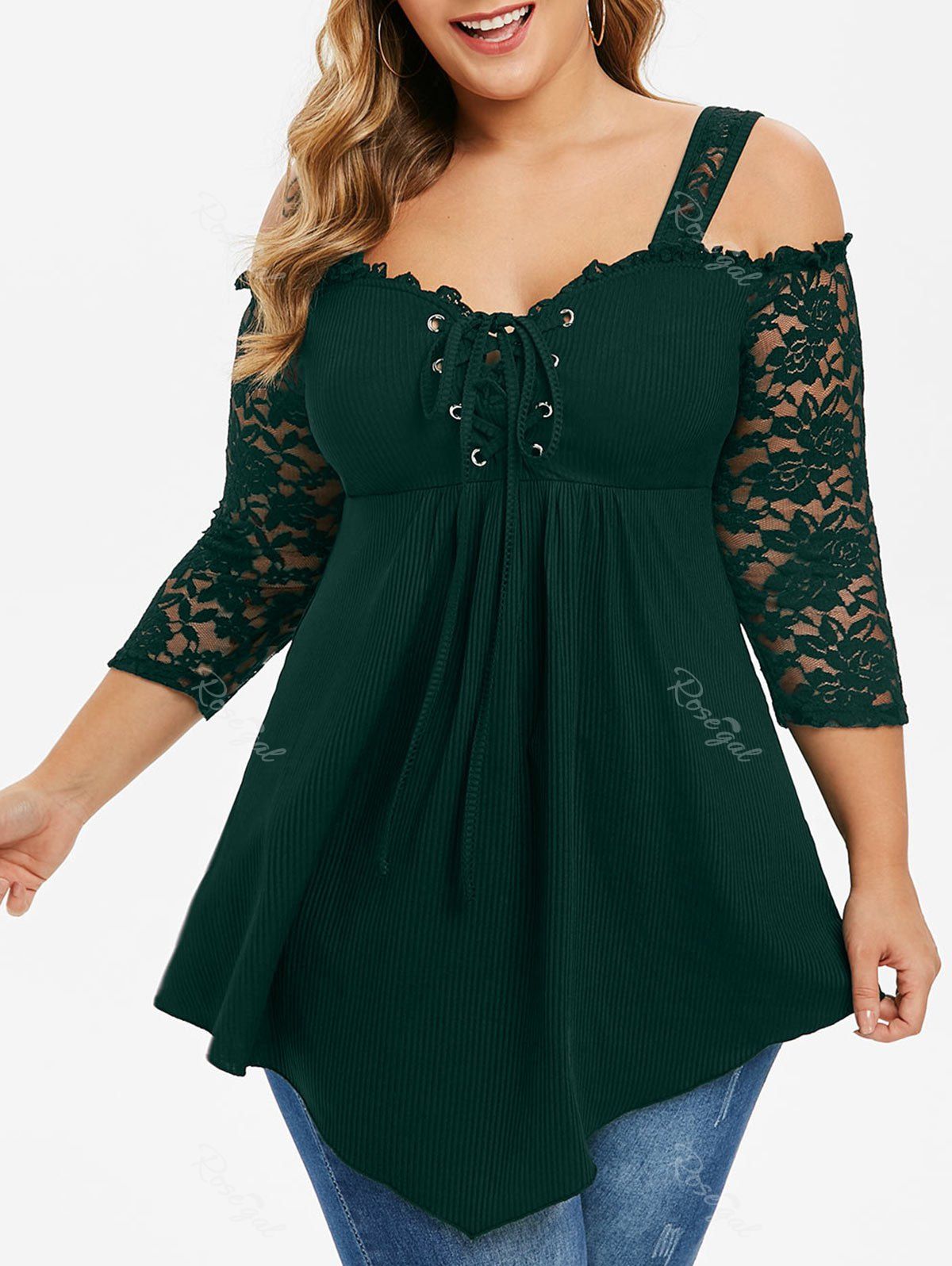 

Plus Size Lace Up Open Shoulder Ribbed T-shirt, Medium sea green