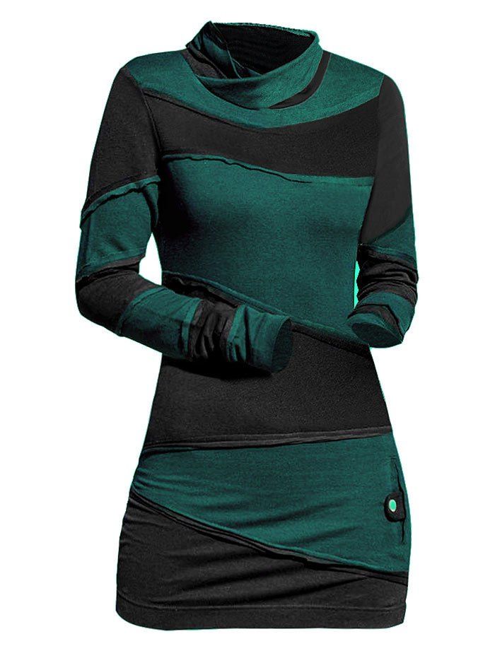 

Button Embellished Contrast Long Sleeve Mini Sheath Dress, Dark green