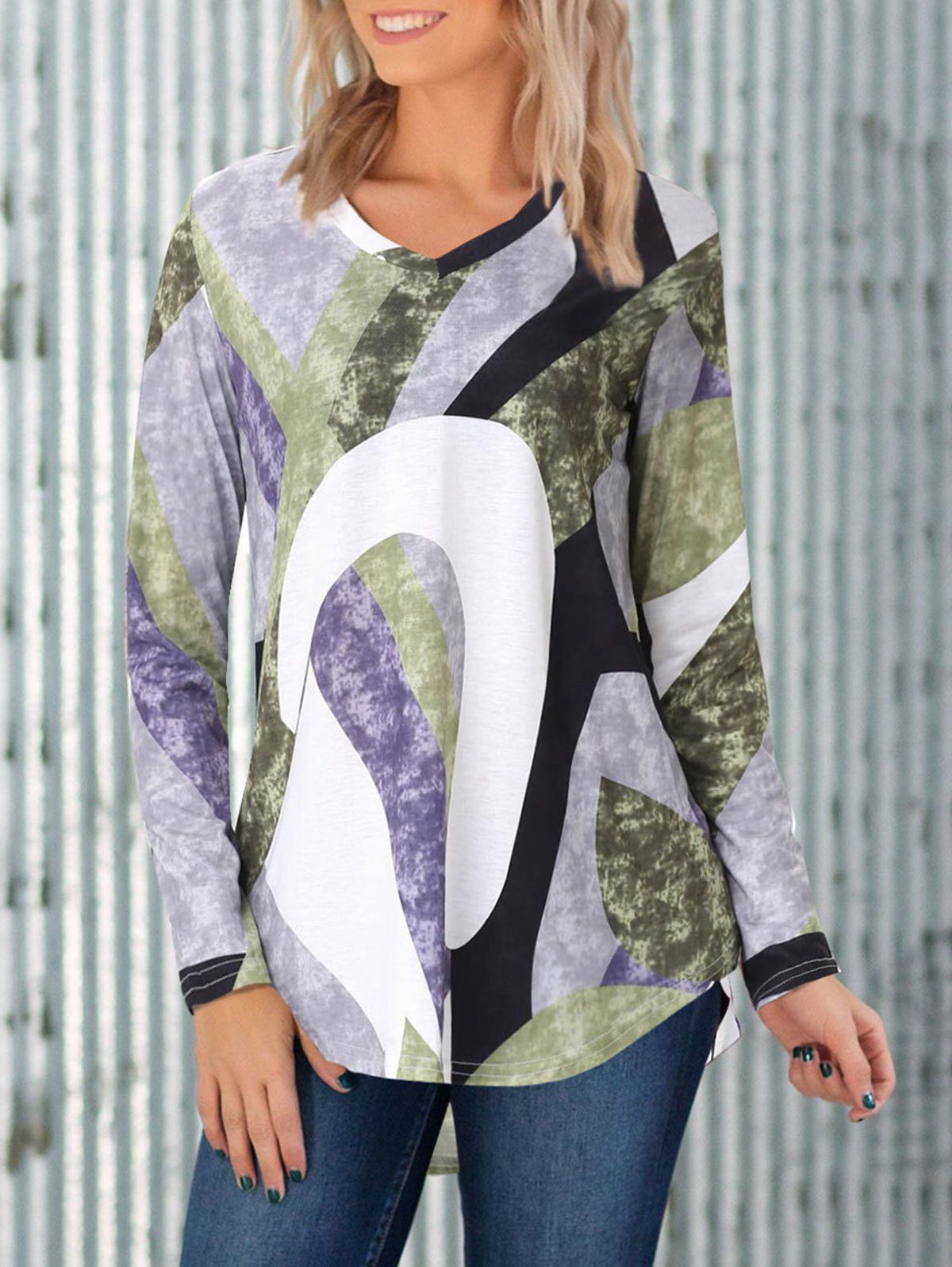

Paisley Print Patchwork Long Sleeve High Low Top, Avocado green