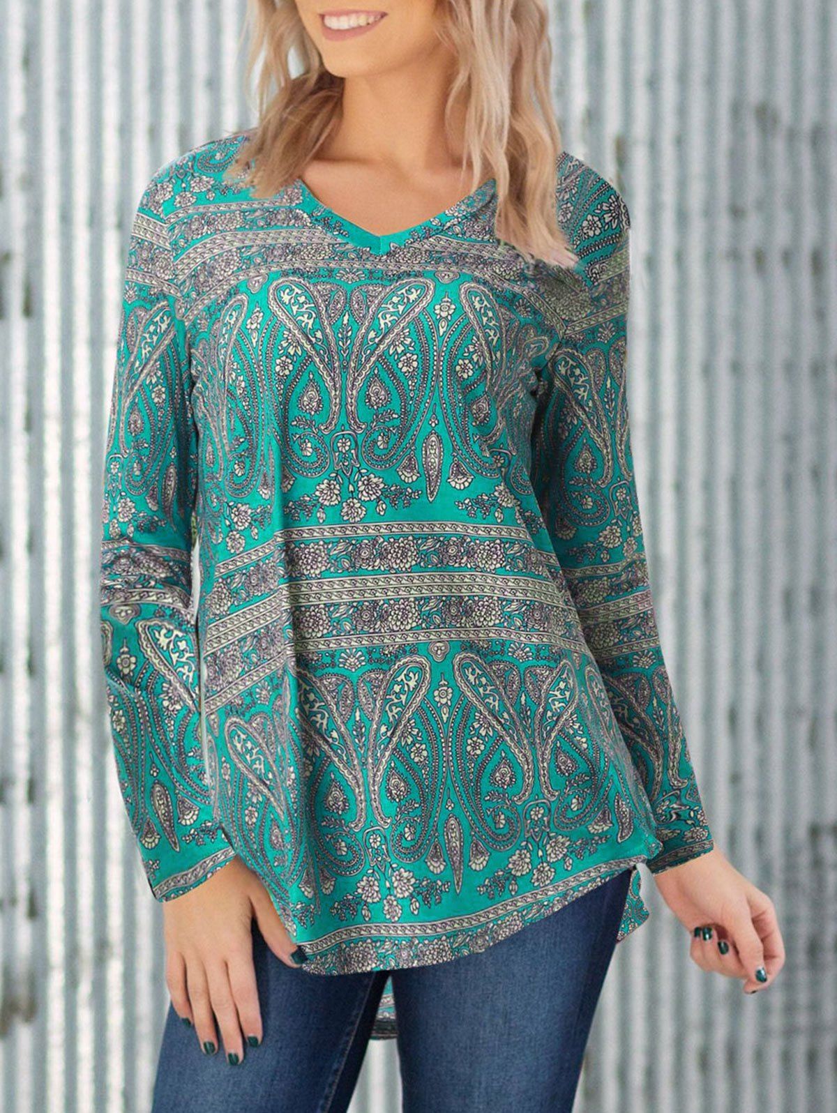 

Paisley Print Patchwork Long Sleeve High Low Top, Dark turquoise