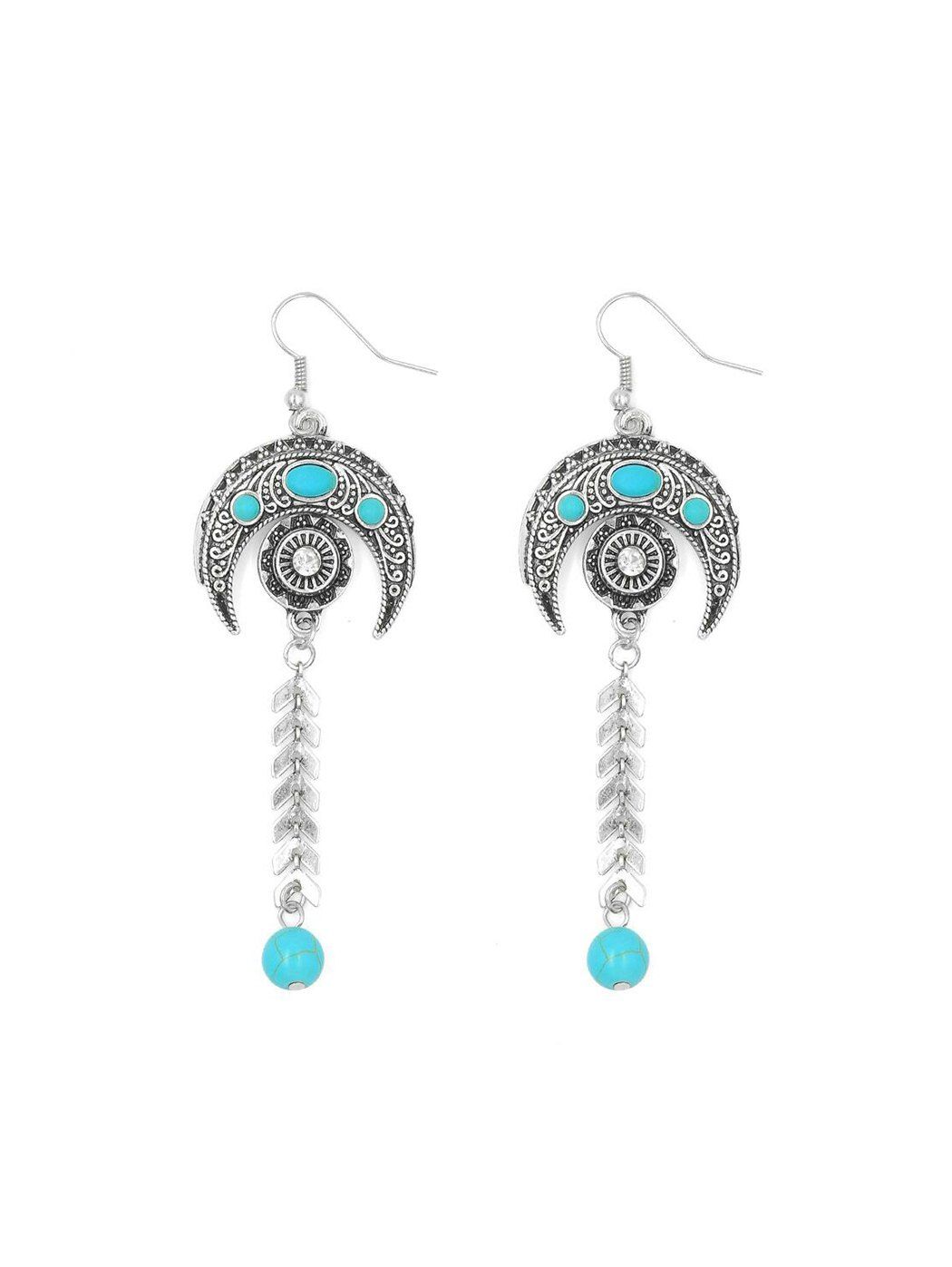 

Bohemian Carved Moon Herringbone Turquoise Earrings, Silver