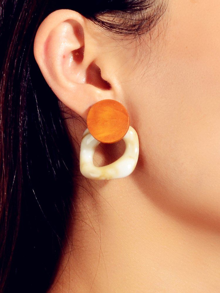 

Hollow Geometric Wood Stud Earrings, Tiger orange