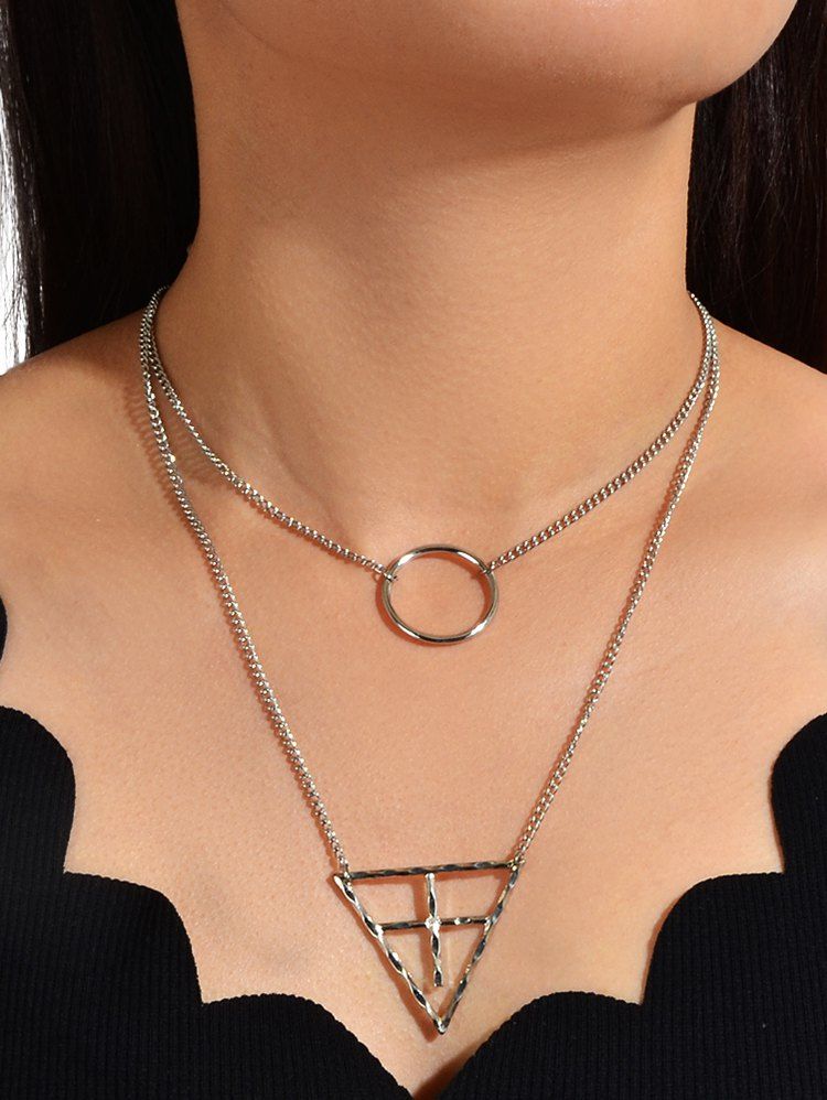 

Geometric Hollow Out Layered Necklace, Silver
