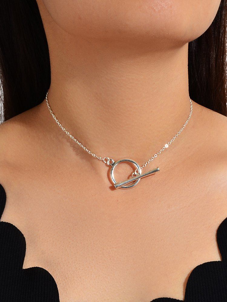 

Brief Bar Circle Lariat Necklace, Silver