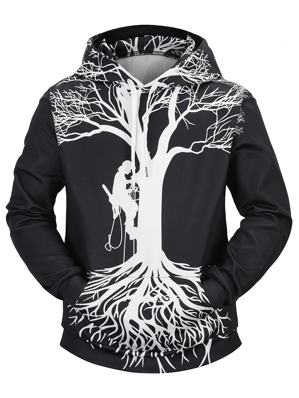 

Tree Character Print Kangaroo Pocket Hoodie, Black