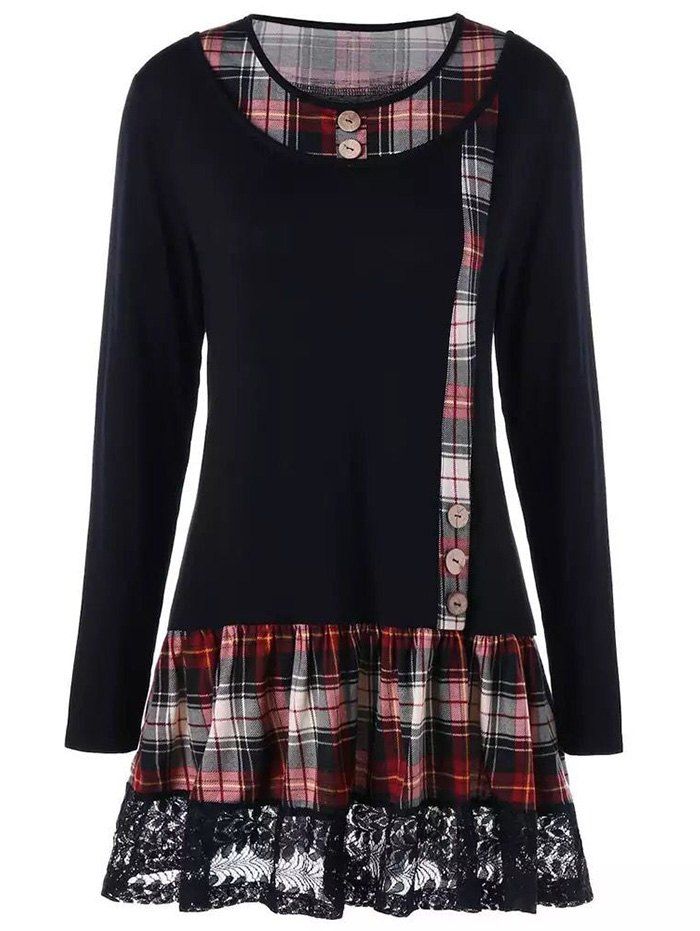 

Lace Hem Checked Panel Long Sleeve Top, Black