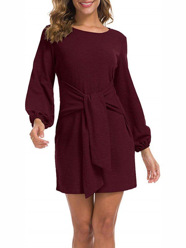 

Waist Tie Long Sleeve T-shirt Dress, Red wine