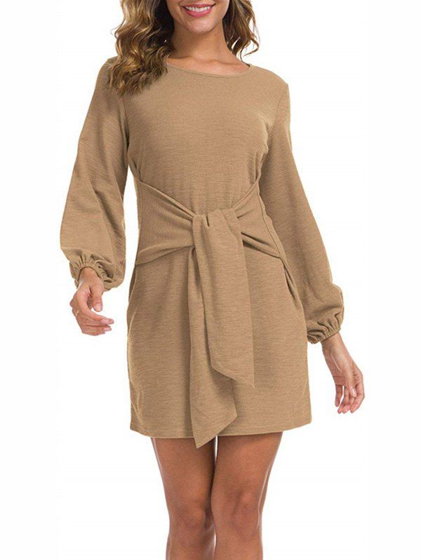 

Waist Tie Long Sleeve T-shirt Dress, Light khaki