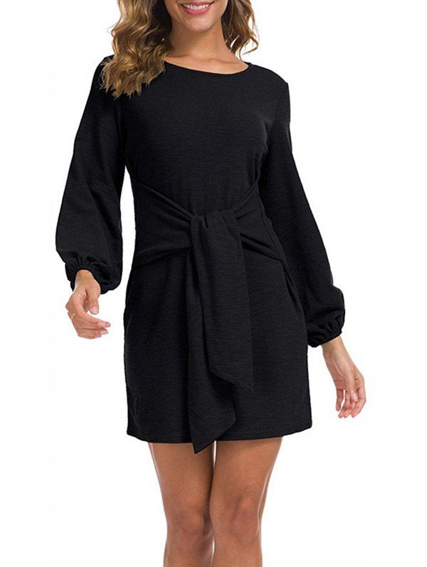 

Waist Tie Long Sleeve T-shirt Dress, Black