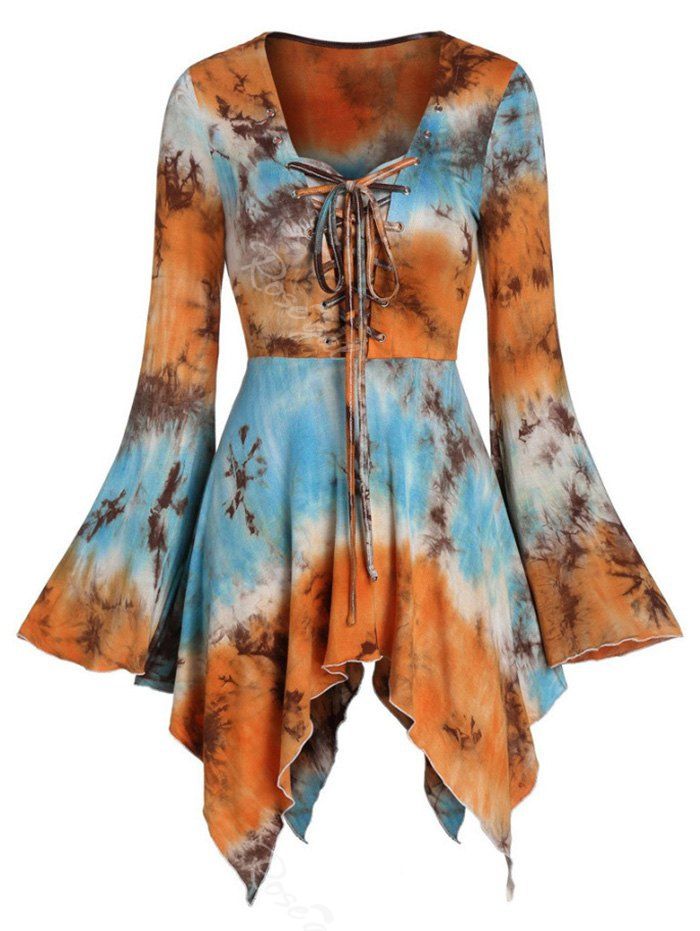 

Handkerchief Lace Up Tie Dye Flare Sleeve Plus Size Top, Tangerine