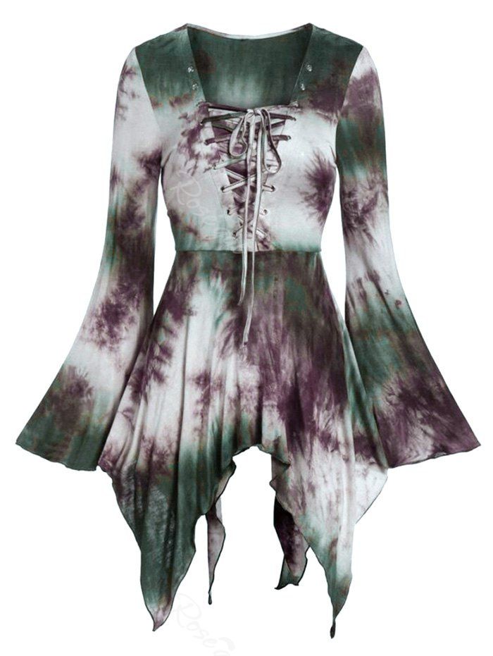 

Handkerchief Lace Up Tie Dye Flare Sleeve Plus Size Top, Green