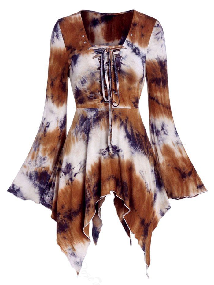 

Handkerchief Lace Up Tie Dye Flare Sleeve Plus Size Top, Coffee