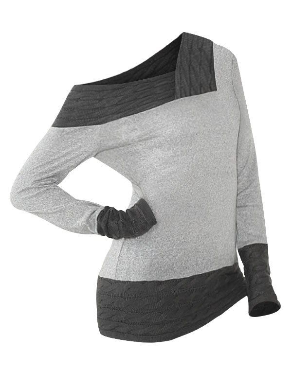 

Plus Size Contrast Trim Skew Neck Knitwear, Light gray