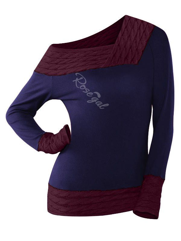 

Plus Size Contrast Trim Skew Neck Knitwear, Cadetblue