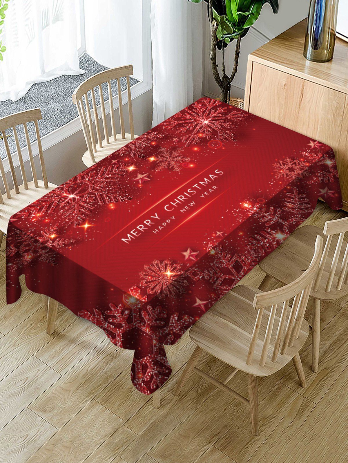 

Merry Christmas Snowflake Fabric Table Cloth, Red wine