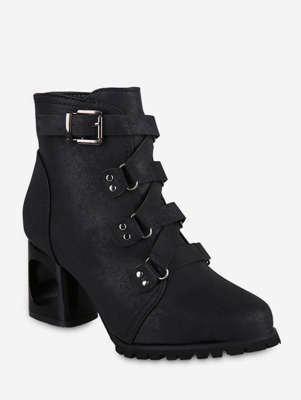 

Pointed Toe Buckled High Heel Short Boots, Black