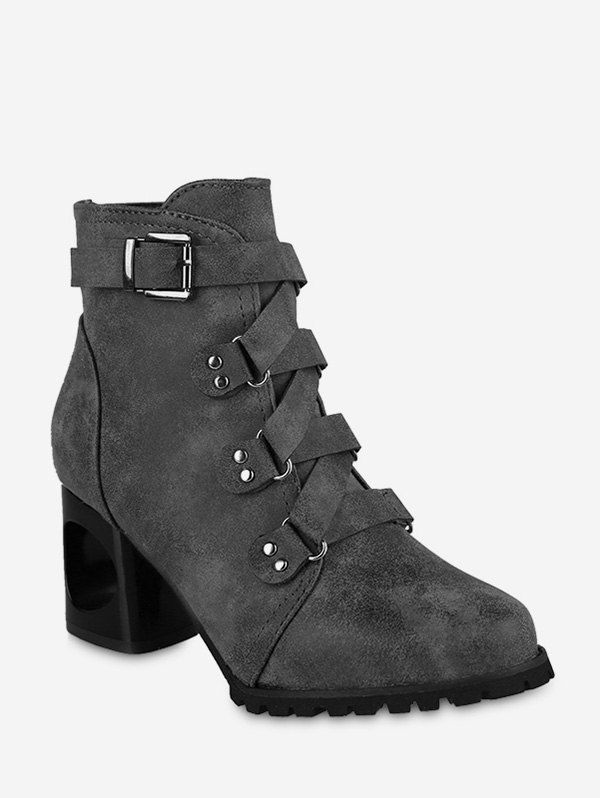 Pointed Toe Buckled High Heel Short Boots, Gray