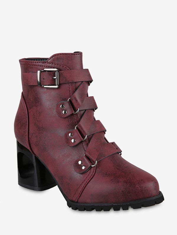 

Pointed Toe Buckled High Heel Short Boots, Red wine