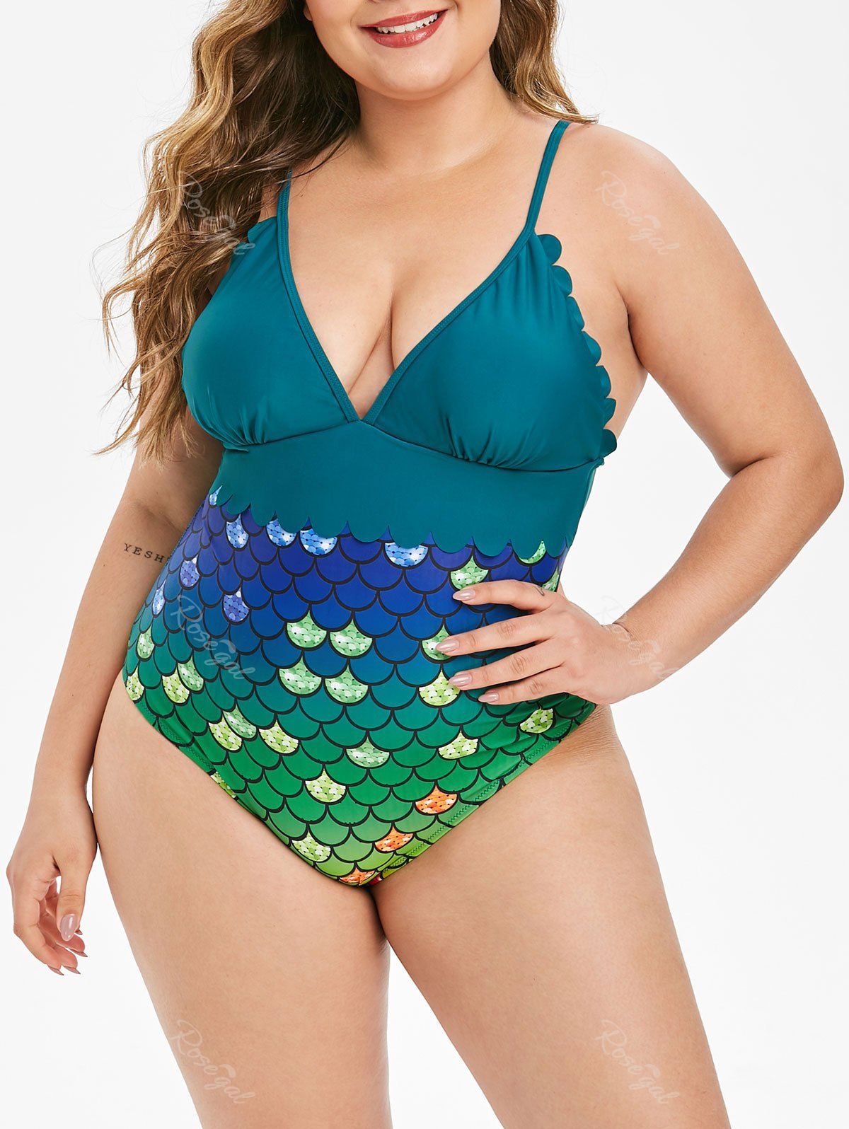 

Plus Size Scalloped Mermaid One-piece Swimsuit, Navy blue