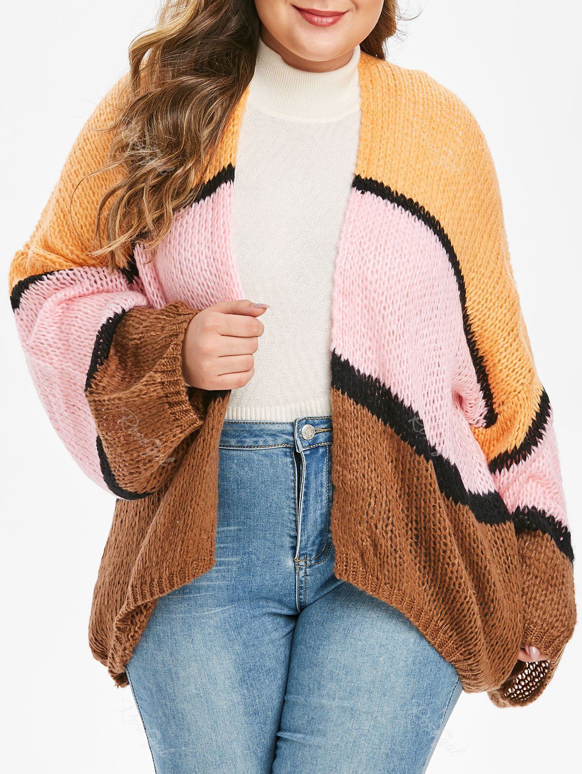 

Plus Size Color-blocking Open Drop Shoulder Cardigan, Multi