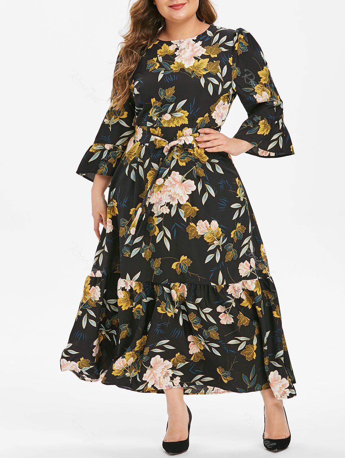 

Plus Size Flower Print Flounce Flare Sleeve Belted Dress, Black
