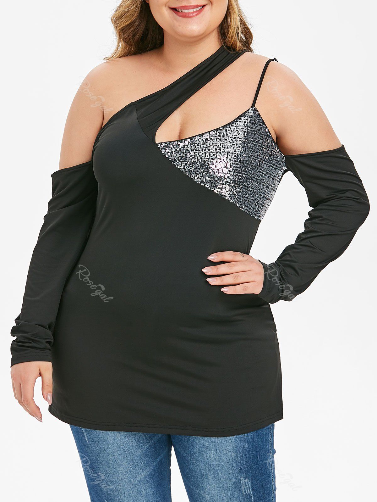 

Plus Size Sequined Cold Shoulder Cutout One Shoulder Tee, Black