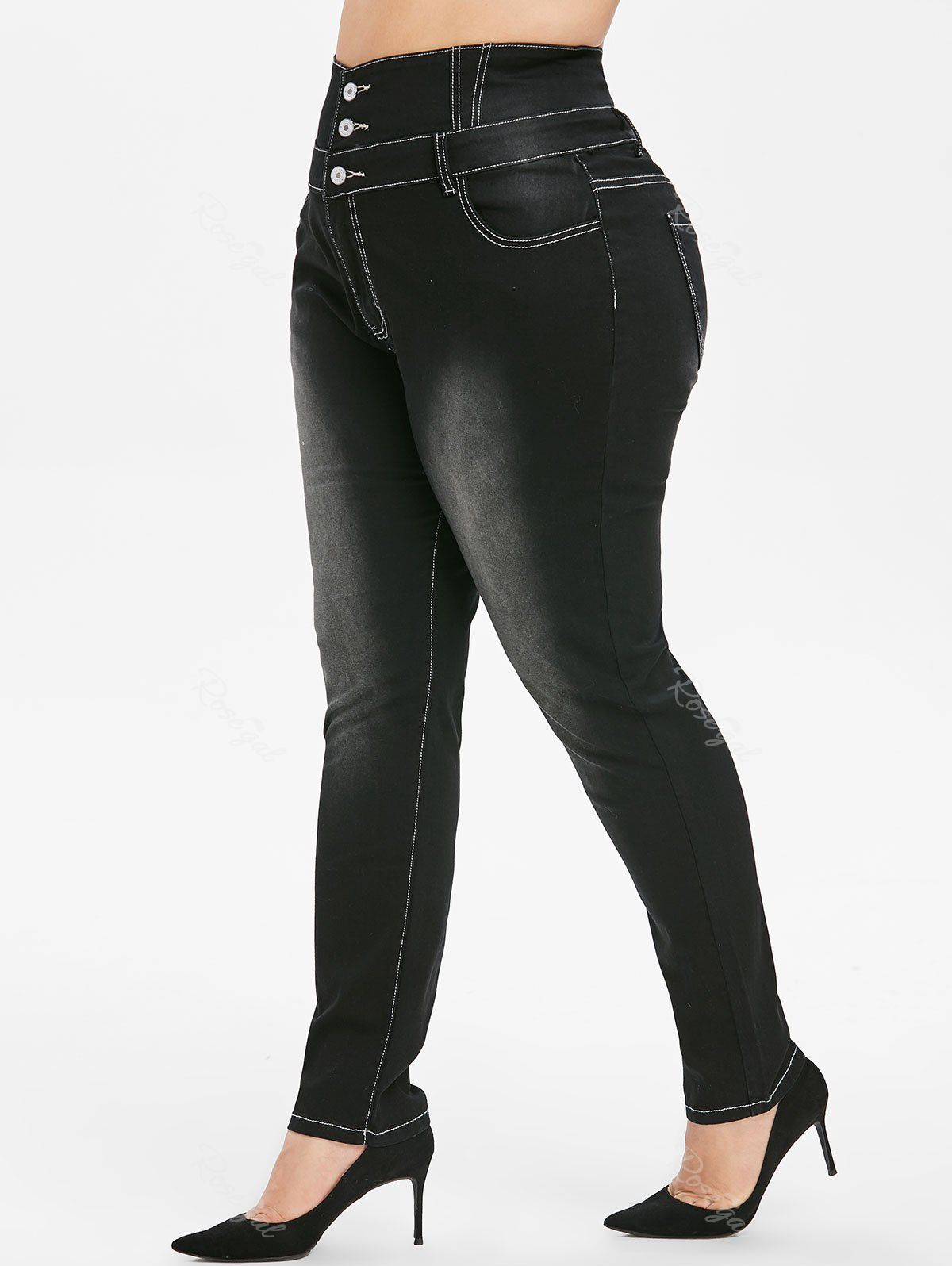 

Plus Size High Rise Button Fly Skinny Jeans, Black
