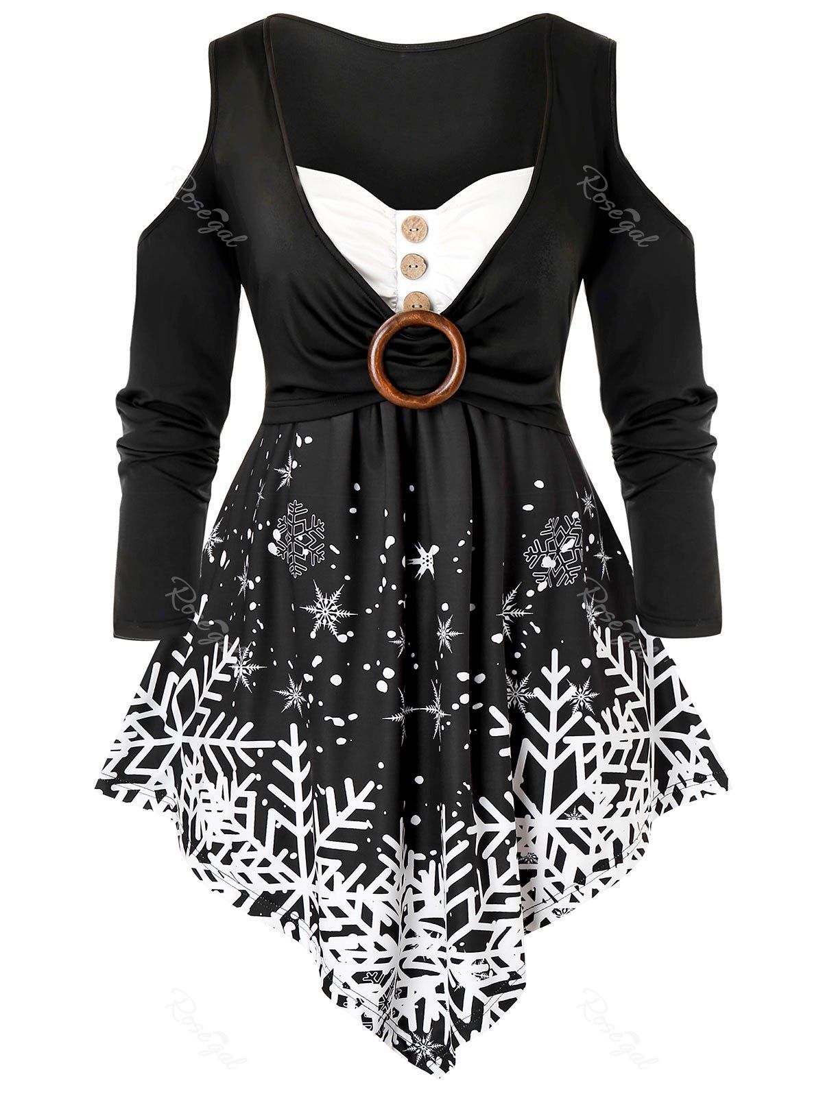 

Plus Size Christmas Snowflake Cold Shoulder Ring Tunic Tee, Multi